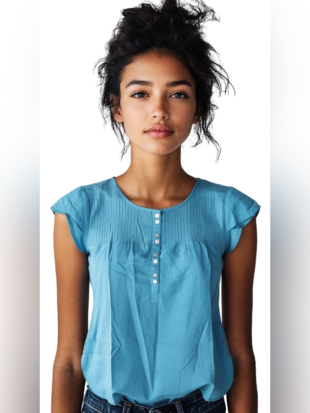NWOT Fabindia Turquoise Cotton Pintuck Blouse Cap Sleeve Boho Summer Top S